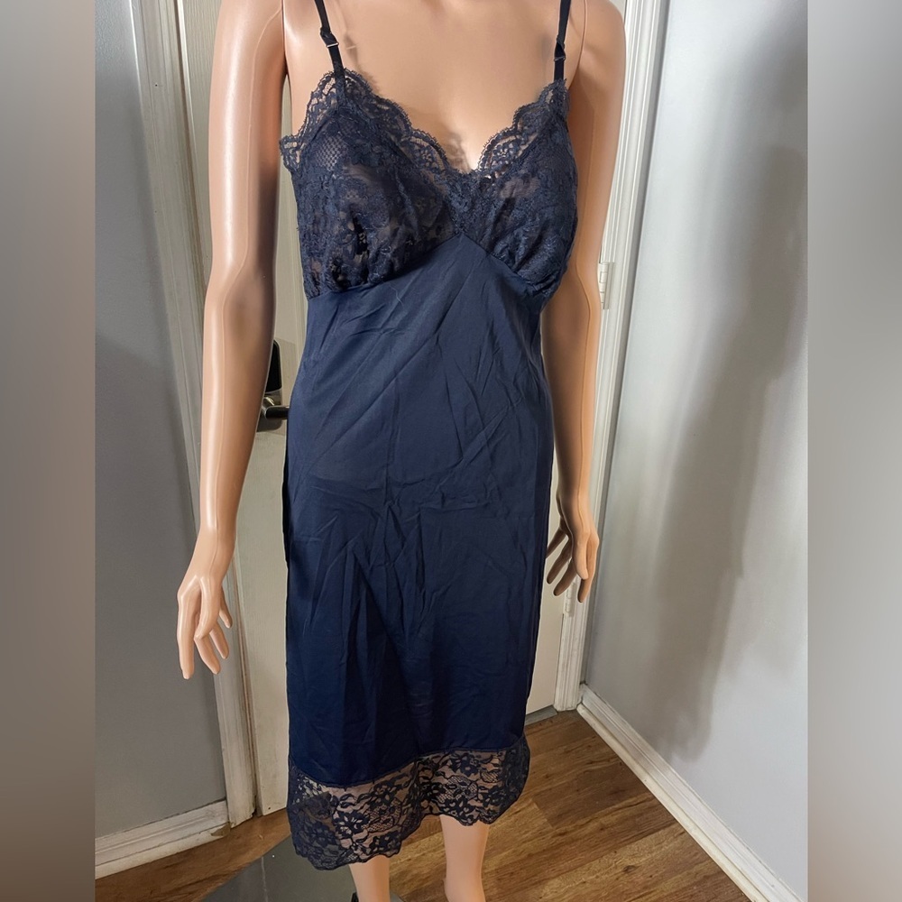 Vintage 60’s Navy Lace Trim Chemise Slip Dress